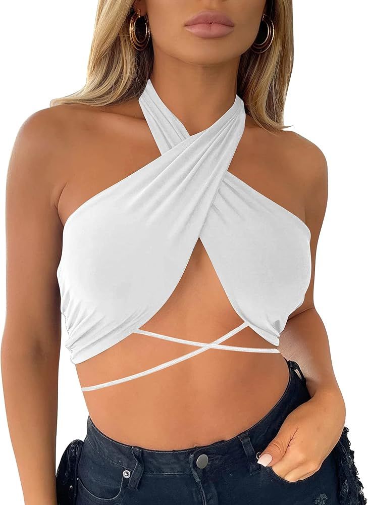 Women's Sexy Criss Cross Halter Backless Crop Tank Top Self Tie Sleeveless Camisole | Amazon (US)
