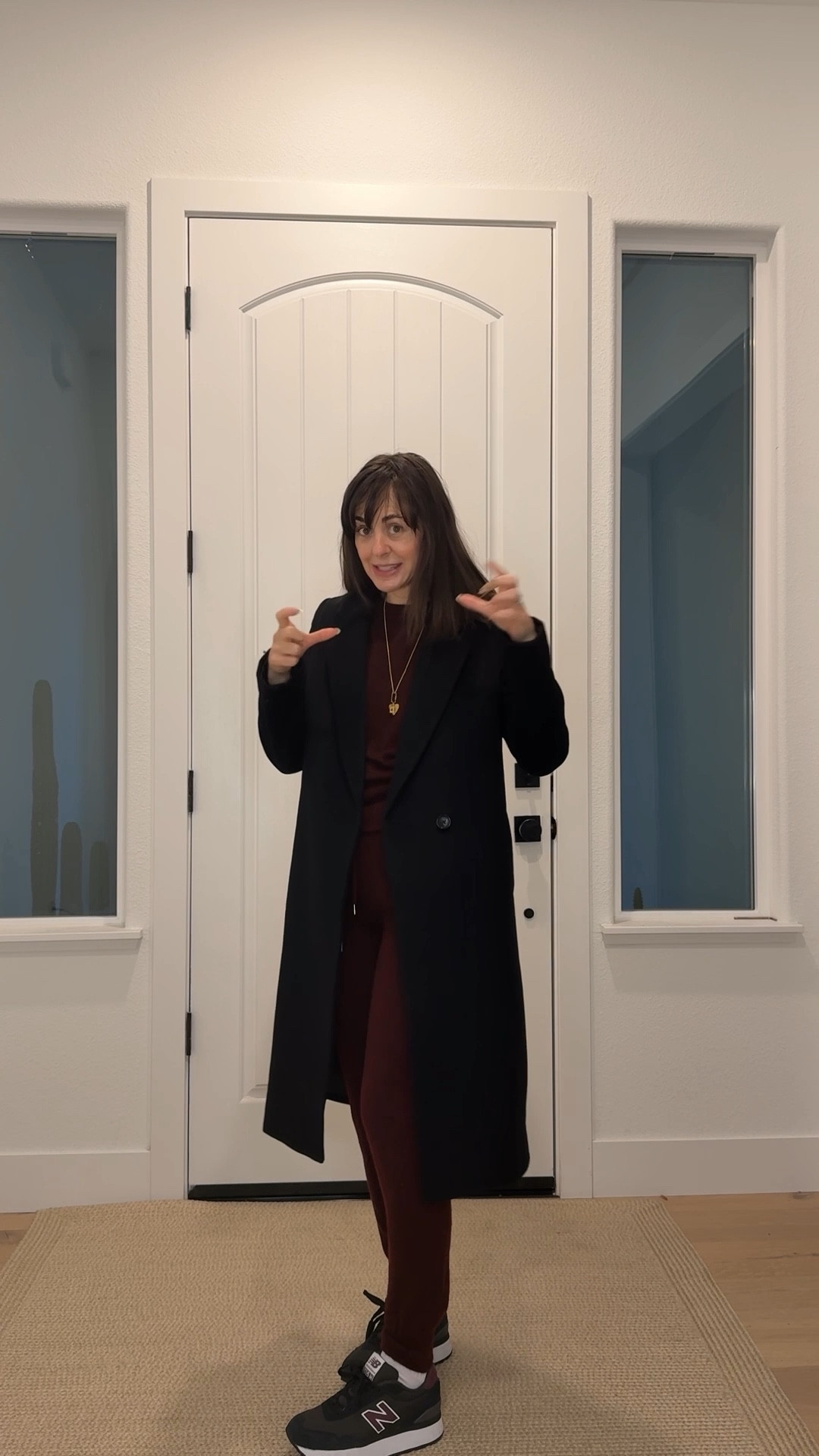 Coffee needed! I’m 5 foot four and wearing a size extra small in this classic pullover and matching cashmere sweatpants sold separately. If you’re petite, you can roll the waistband over on this sweatpants style. This winter wear a set like this with a cool coat and boots. 