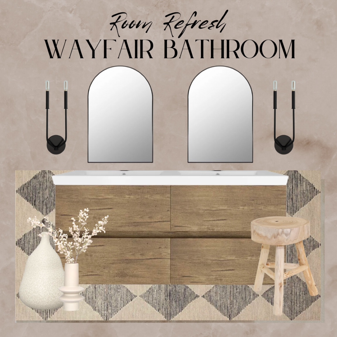 Wayfair bathroom refresh. Jute rug, checkered rug, candle sconce, black sconces, black arched mirror, arch mirror, stone vase, plaster vase, textured vase, wood vanity, floating vanity, cultured marble, bleached wood stool, accent stool, Japandi, transitional bathroom #wayfair #wayfairbathroom, #ltkfind #competition