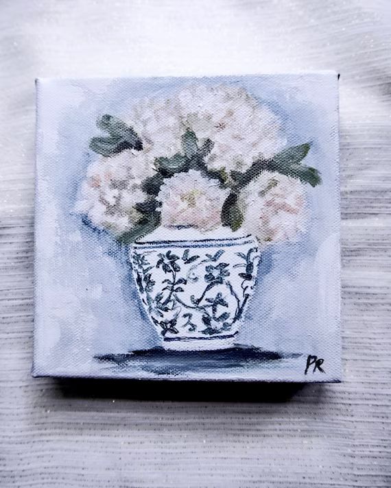 Hydrangea Painting, Original Still life Acrylic Painting, Floral Art, Chinoiserie vase, blue and ... | Etsy (US)