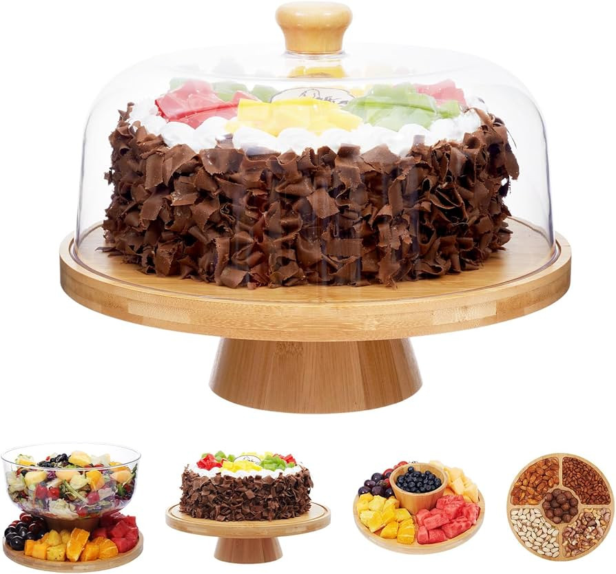 Bamboo Cake Stand with Lid, 6-in-1 Multifunctional Cake Plate, Cake Holder, Serving Tray, Fruit P... | Amazon (US)