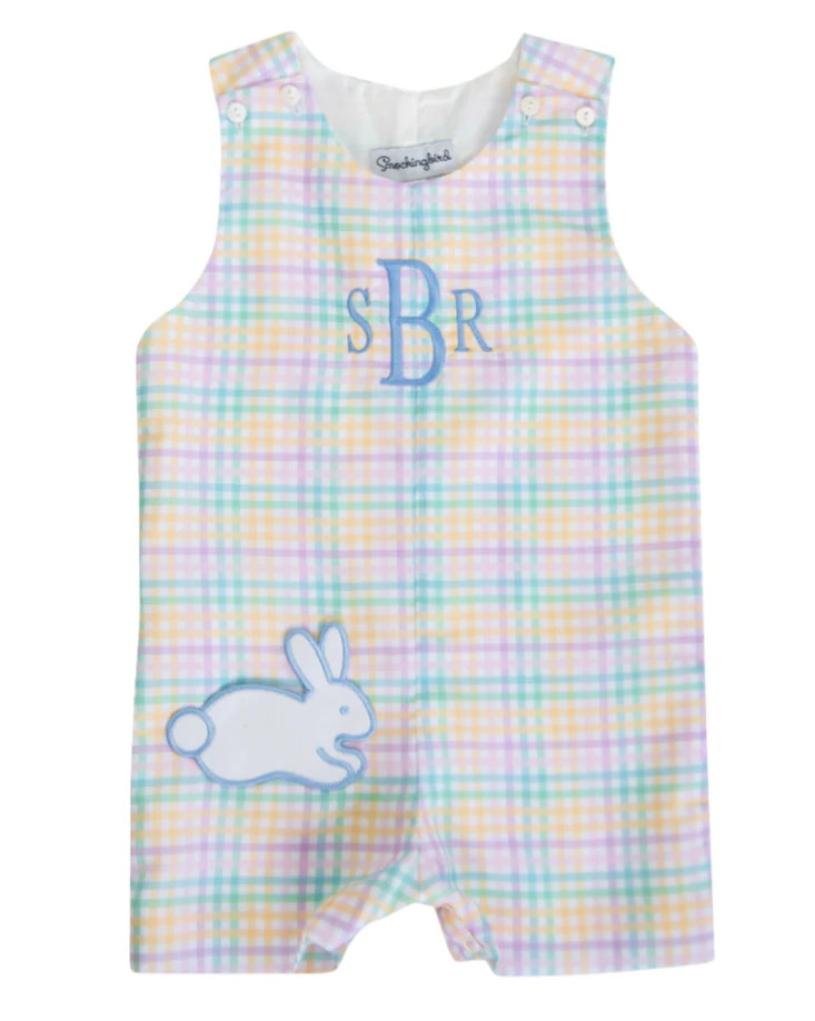 Rainbow Plaid Shortall with Bunny Pocket | Smockingbird Kids