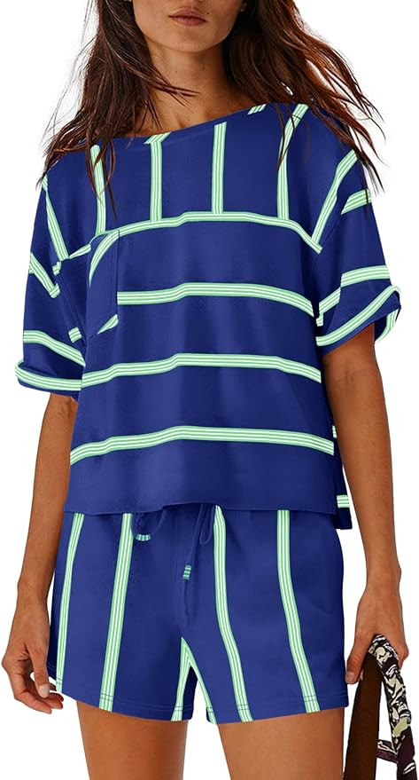 Nirovien Womens Striped Lounge Set 2 Piece Vacation Outfits Short Sleeve Tops and Drawstring Shor... | Amazon (US)