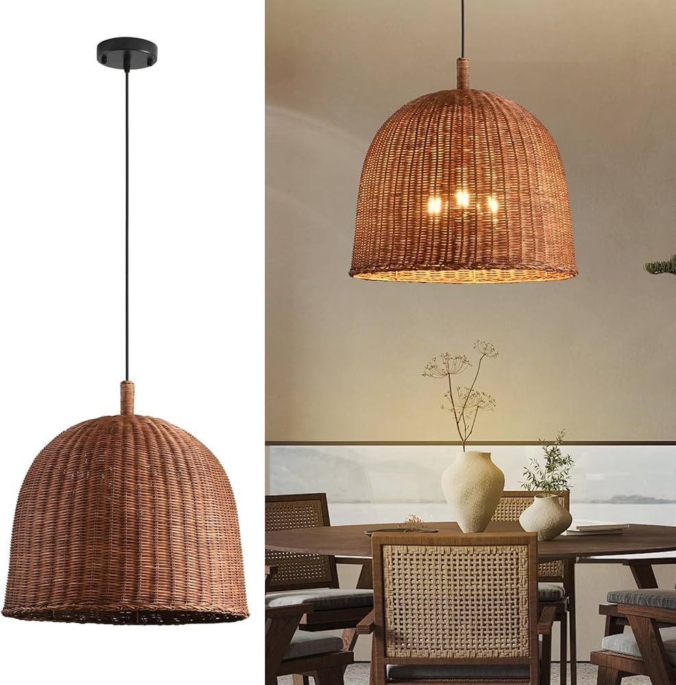 3-Light Dark Curry Rattan Pendant Light,17.7" Rustic Hanging Light,Brown Wicker Pendant Light Han... | Amazon (US)