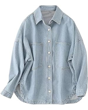 Womens Denim Shirt Long Sleeve Oversized Boyfriend Jean Jacket Shacket Trendy Button Down Shirt | Amazon (US)
