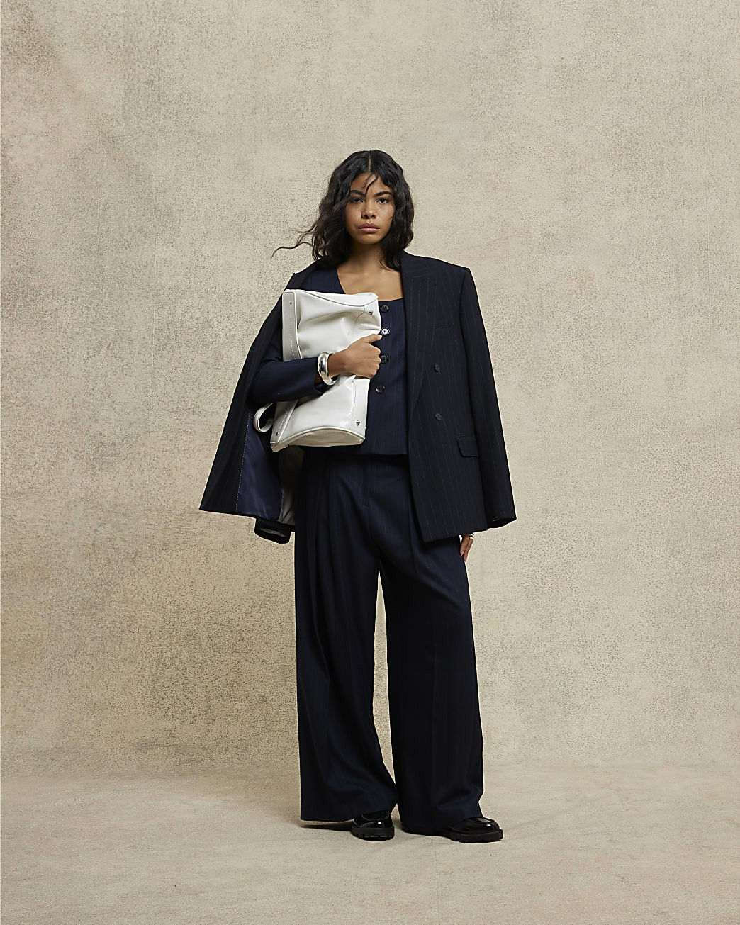 Navy Belted Wide Leg Trousers | River Island UK & IE