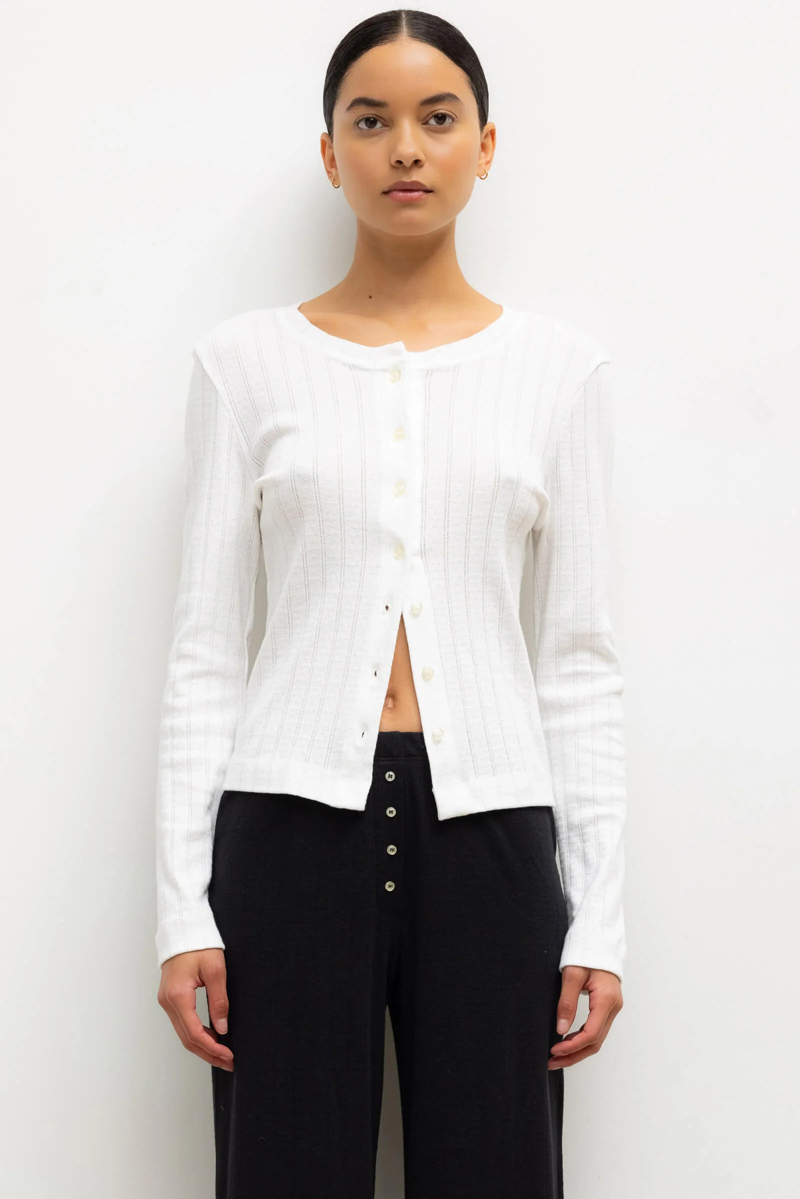 LESET Pointelle Classic Crew Cardigan in White in Cotton | LESET