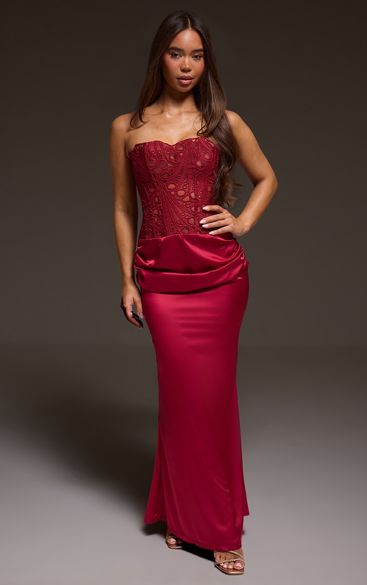 Burgundy Corset Detail Satin Ruched Maxi Dress | PrettyLittleThing UK