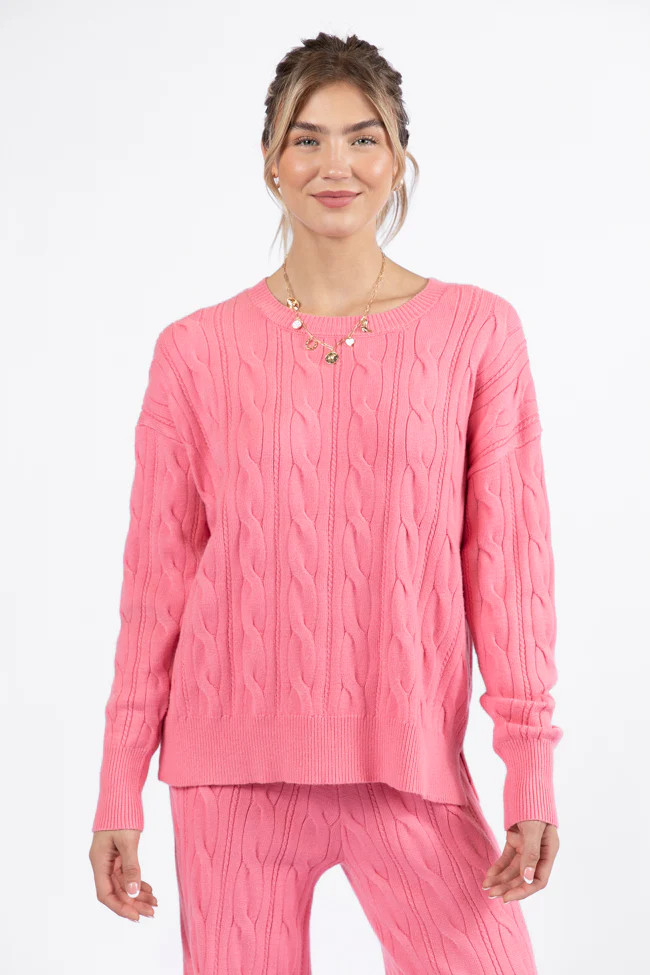 Forever Winter Rose Cable Knit Sweater Lounge Top DOORBUSTER | Pink Lily