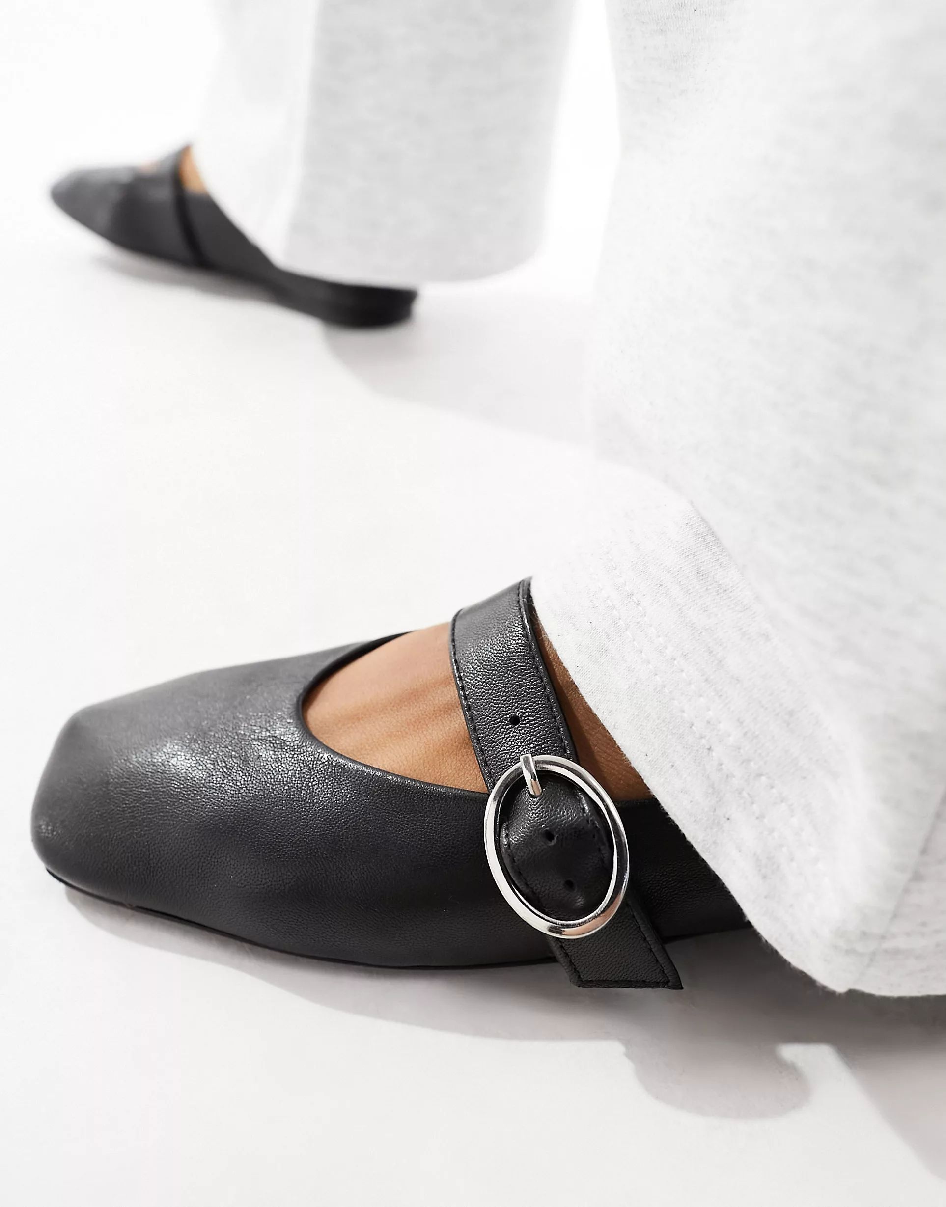 ASOS DESIGN Luxe Premium Leather Mary Jane ballet in Black | ASOS (Global)