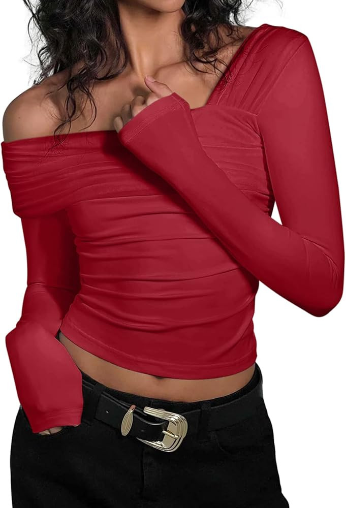 REORIA Womens Off The Shoulder Tops Double Lined Tight Long Sleeve Shirt Ruched Mesh Crop Top Y2k... | Amazon (US)