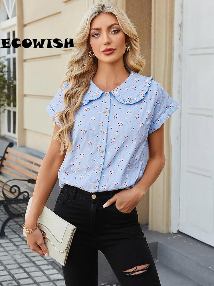 ECOWISH Women's Button Up Shirt - Peter Pan Collar Frilled Short Sleeve Summer Tops Casual Cotton... | Amazon (US)