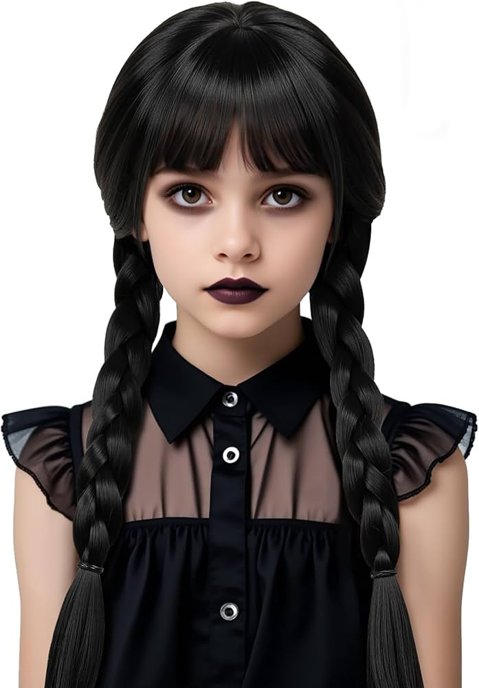 Girls Black Braided Wig with Bangs Black Pigtail Wigs Synthetic Hair for Girls | Amazon (US)