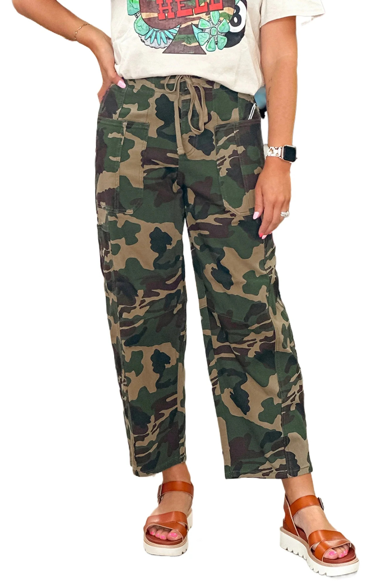 Women's Green Camouflage Barrel Jeans – High Waist Drawstring Design for Casual Daily Wear, 16 | Walmart (US)