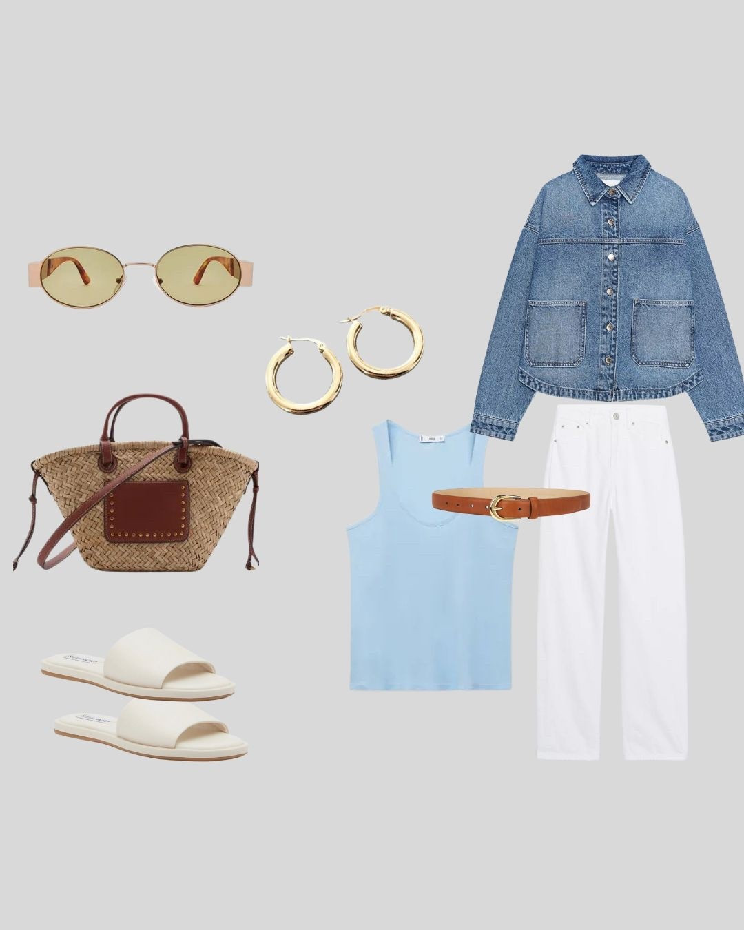 Casual everyday look featuring a light blue tank top, white straight-leg jeans with a tan belt, and a denim overshirt. I added a woven straw crossbody bag, chunky gold hoop earrings, beige slide sandals, and retro round sunglasses to complete the look — perfect for a cool and comfy day out.

