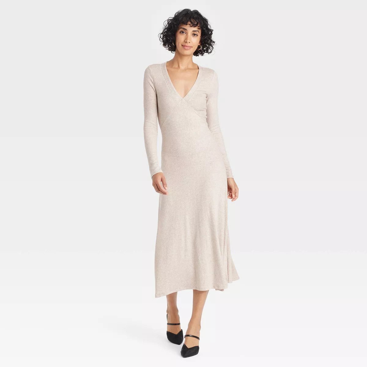 Women's Long Sleeve Midi A-Line Dress - A New Day™ Tan S | Target