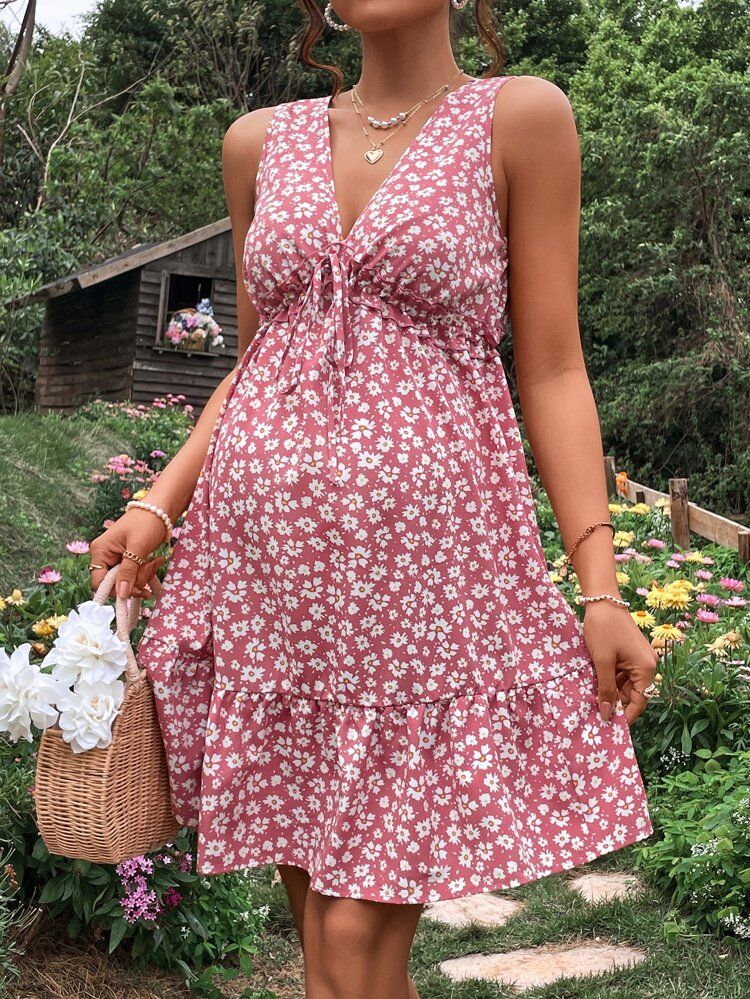 SHEIN Maternity Ditsy Floral Print Tie Front Ruffle Hem Dress | SHEIN