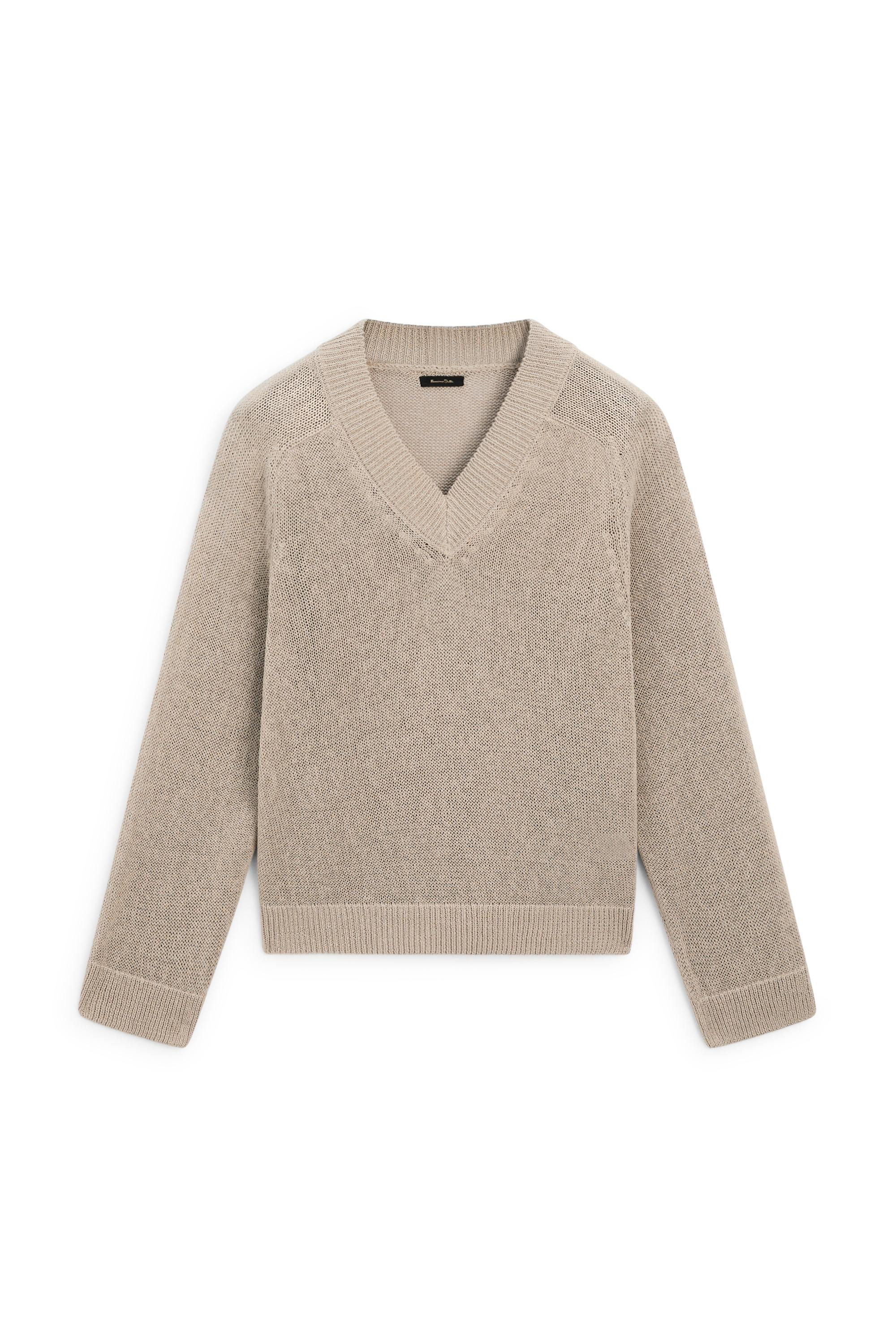 Cotton blend V-neck knit sweater - MINK | Massimo Dutti UK