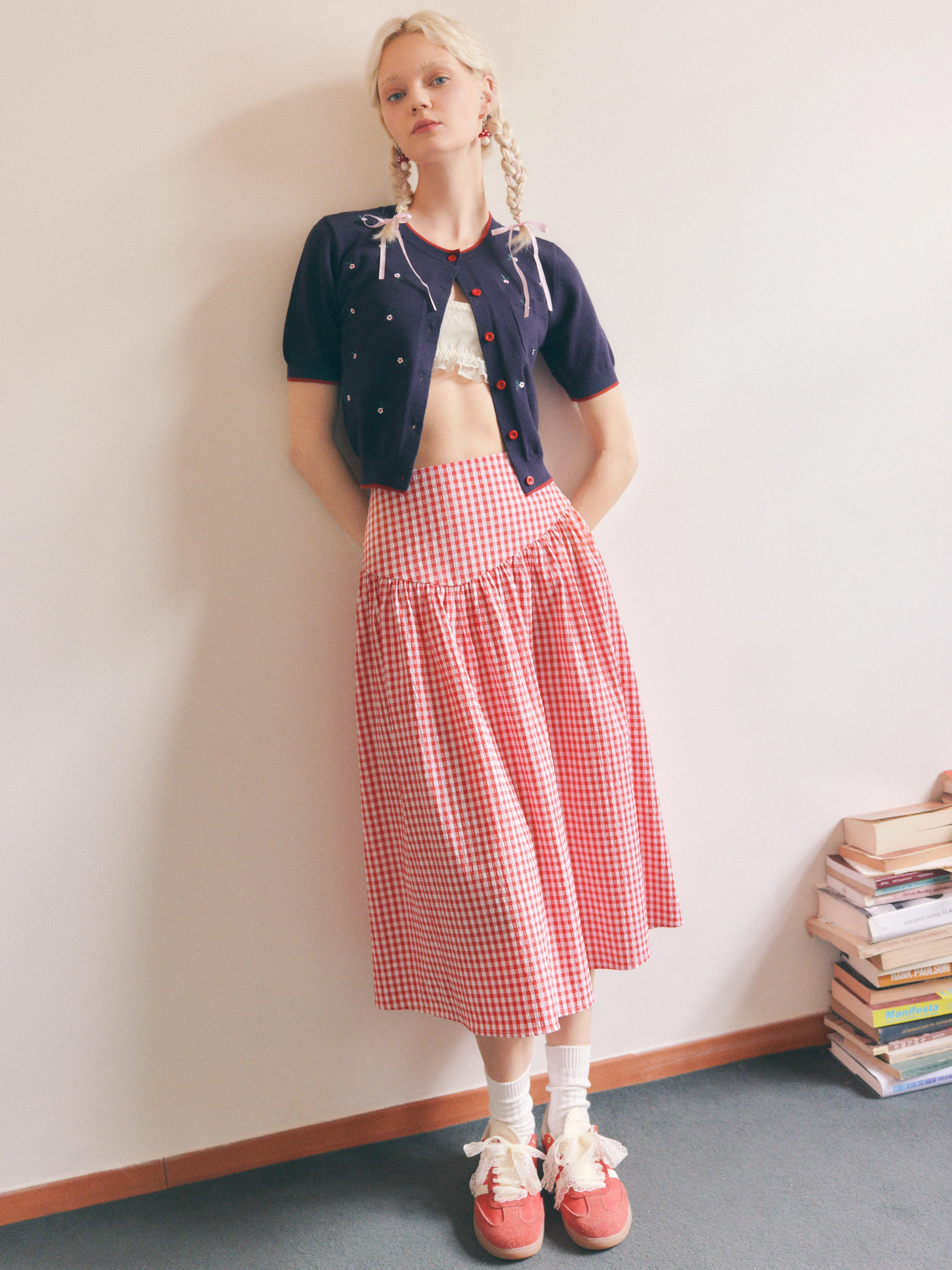 Long Skirts Woven Low Rise Gingham Zipper Midi Skirt For School Vacation | Cider
