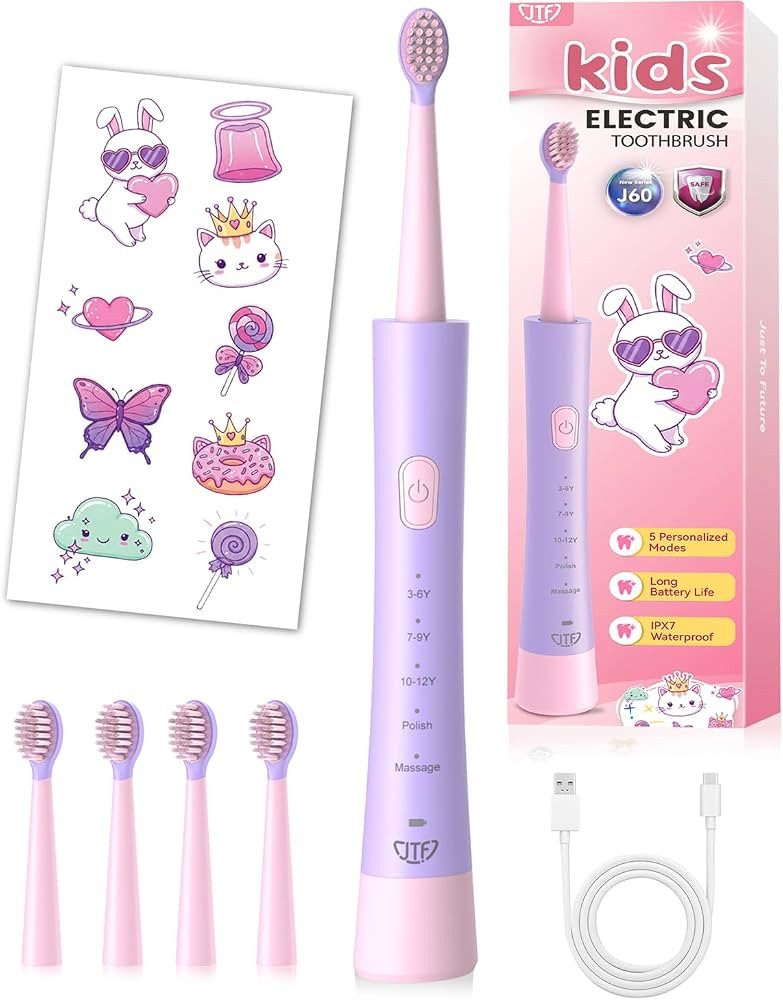 JTF Kids Electric Toothbrush, 5 Gentle Modes with Smart Timer for Ages 3-12 | Amazon (US)