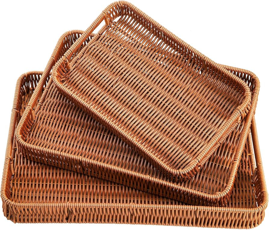 Yarlung 3 Pack Woven Baskets Serving Trays with Handles, Poly Wicker Bread Baskets Rectangular Pl... | Amazon (US)