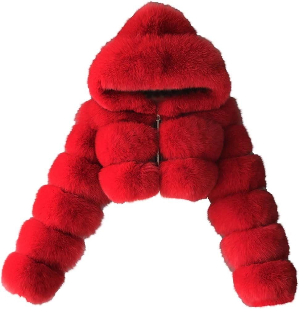 hlysgo Winter Crop Coats Womens Faux Fur Jacket Long Sleeve Hooded Cropped Jackets Zipper Fuzzy S... | Amazon (US)
