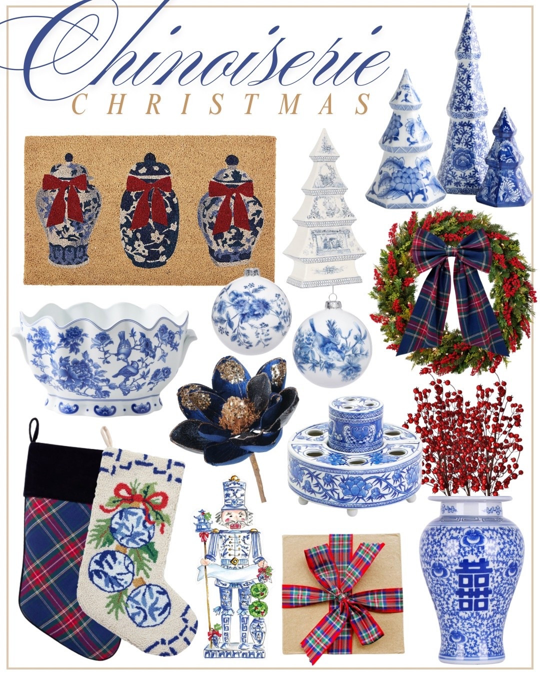 Chinoiserie Christmas inspo! Blue and white Christmas trees, decor, planter, ginger jars, stockings, ornaments, magnolia leaf picks, red berry picks, Christmas wreaths 

#LTKHoliday #LTKSeasonal #LTKHome
