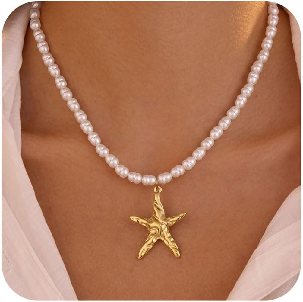 Gold Pearl Necklace for Women Boho Starfish Shell Moon Sun Pearl Choker Summer Beach | Amazon (US)