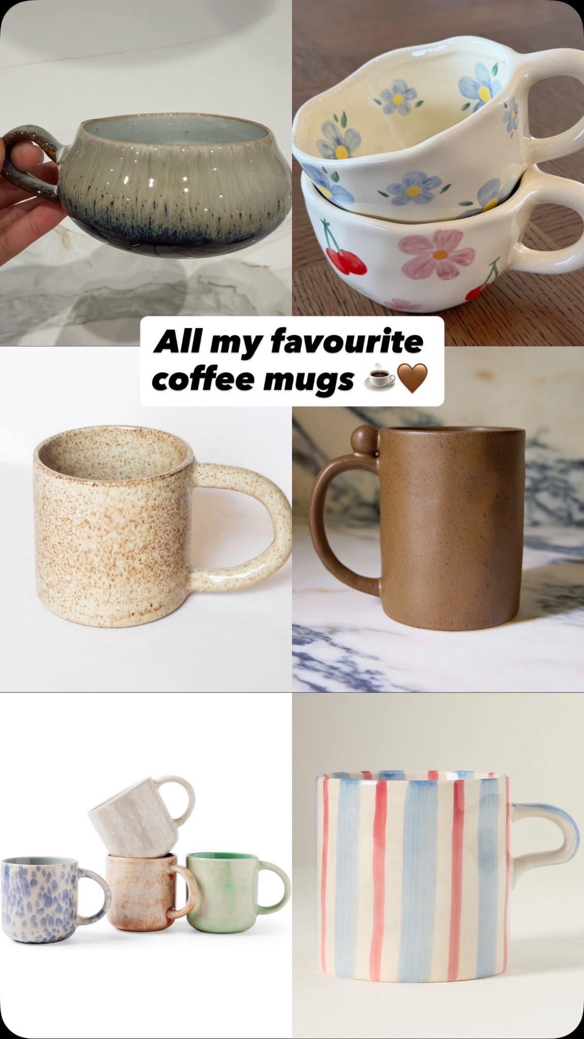 All my favourite coffee mugs - perfect for latte art, decorating your coffee station, and elevating your daily drink 💗 most of these have a natural stoneware look, but there a couple colorful fun ones. The flower mugs (top right) are my FAVOURITE!!! So so cute and I get compliments on them everytime. 
Coffee station, coffee bar, latte cup, latte mug, coffee essentials, kitchen essentials, stoneware kitchen finds, Amazon finds, west elm, Lulu and Georgia, pottery barn, Anthropologie and more! 

#LTKHome #LTKdayinmylife #LTKfoodie