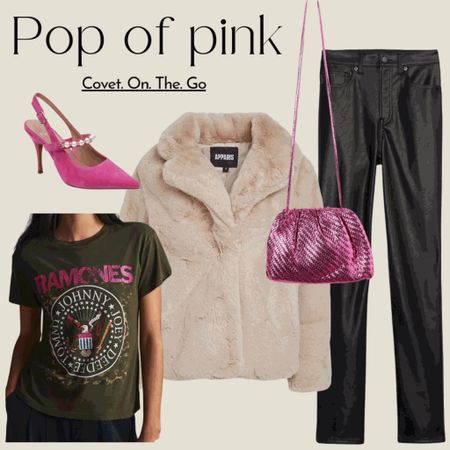 Holiday style, graphic tee, pink, faux leather pant
Metallic purse

#LTKHoliday #LTKstyletip #LTKshoecrush