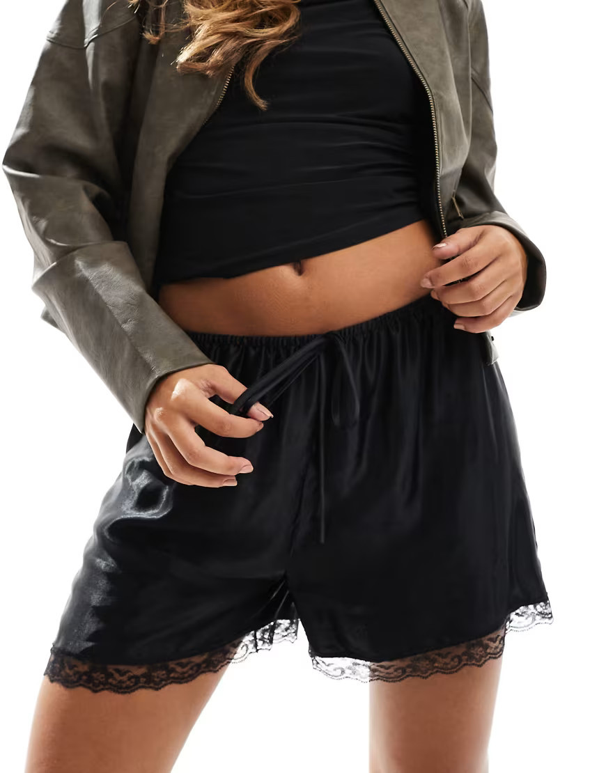 ASOS DESIGN satin shorts with lace trim in black - part of a set | ASOS (Global)