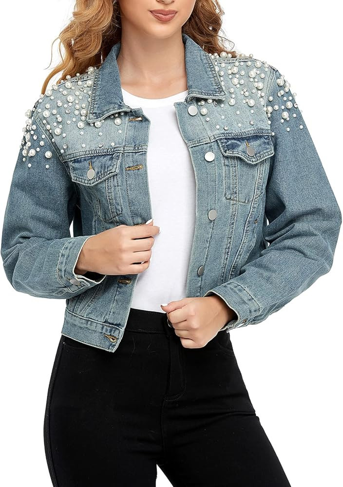andy & natalie Womens Cropped Denim Jackets Pearl Embellished Long Sleeve Jean Jackets with Side Poc | Amazon (US)