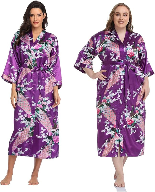 Super Shopping-zone Women's Floral Long Silk Kimono Robes Satin Dressing Gown Peacock Blossoms | Amazon (US)