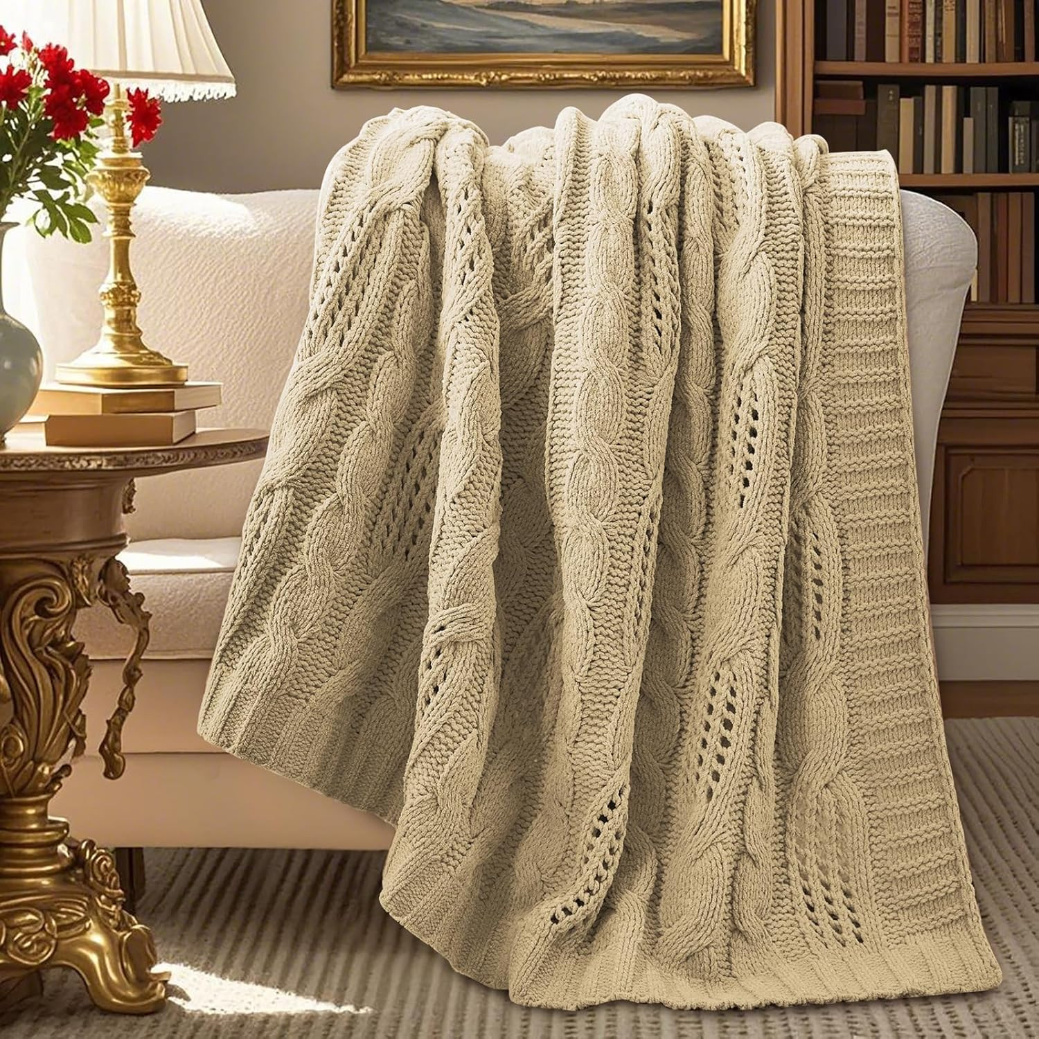 Amélie Home Chunky Knit Chenille Throw Blanket Cable Knitted 50"x60" Beige | Amazon (US)
