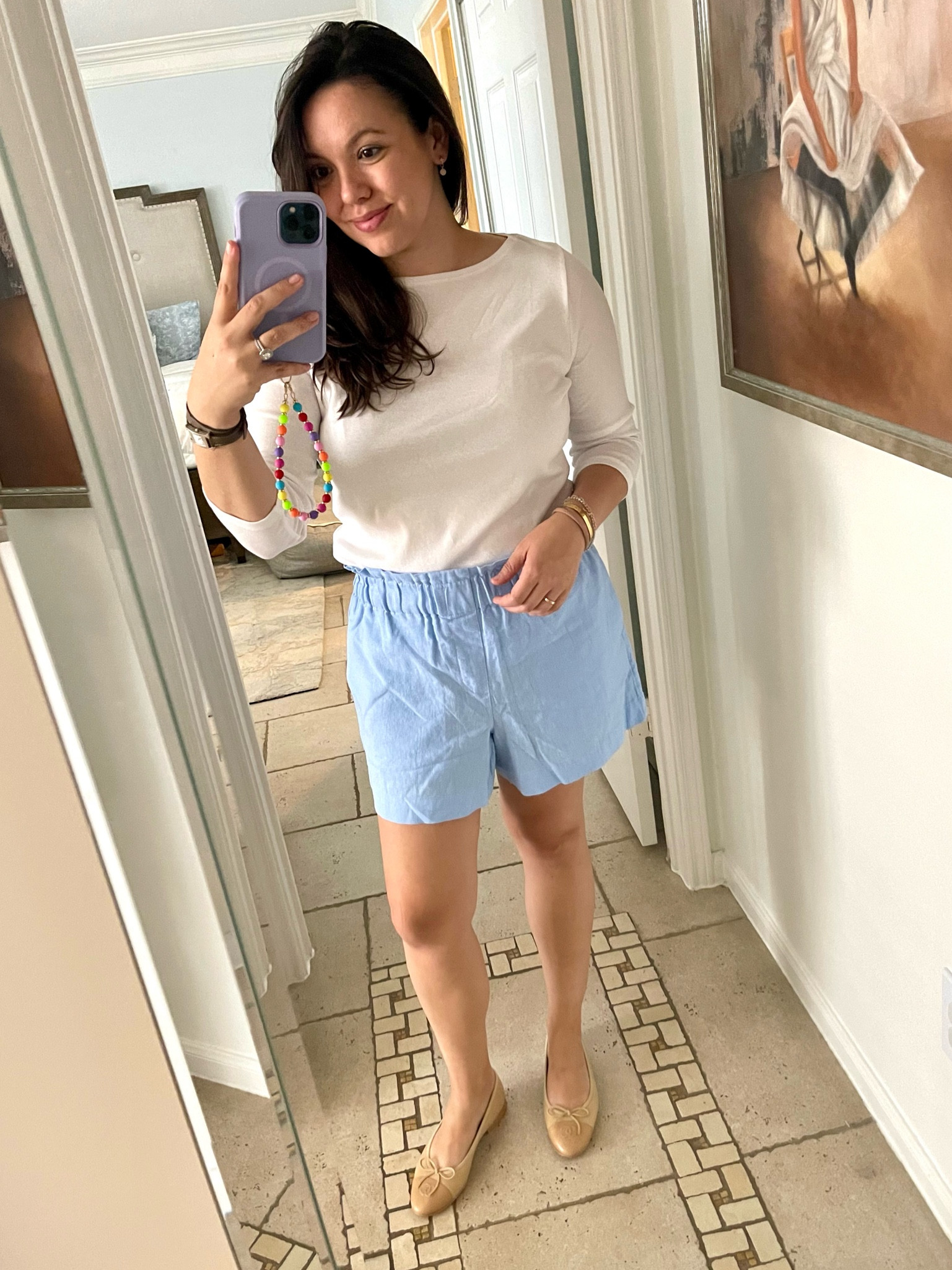 Easy linen mix high-waisted shorts and 3/4 length boatneck t-shirt, both affordable. Shirt true to size and shorts size down 
High waisted elastic waist shorts only $15 
Chanel ballerina flats 
Mom uniform, errands outfit 


#LTKstyletip #LTKxTarget #LTKfindsunder50