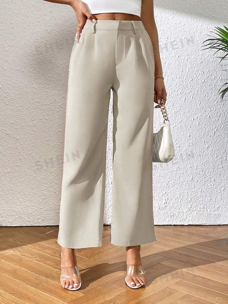 SHEIN PETITE Solid Color Straight-Leg Pants | SHEIN