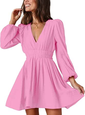 FAIABLE Mini Deep V Sexy Long Sleeve Dress for Women A-line High Waisted Casual Flowy Dress for C... | Amazon (US)