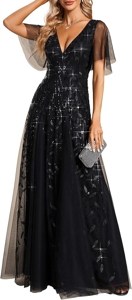 Ever-Pretty Women's Sequin Formal Dress Sparkly V-Neck Short Sleeve A-Line Floor Length Prom Even... | Amazon (US)