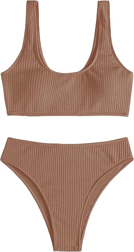 MakeMeChic Women's Solid 2 Piece Bathing Suit Textured Scoop Neck Bikini Swimsuit | Amazon (US)