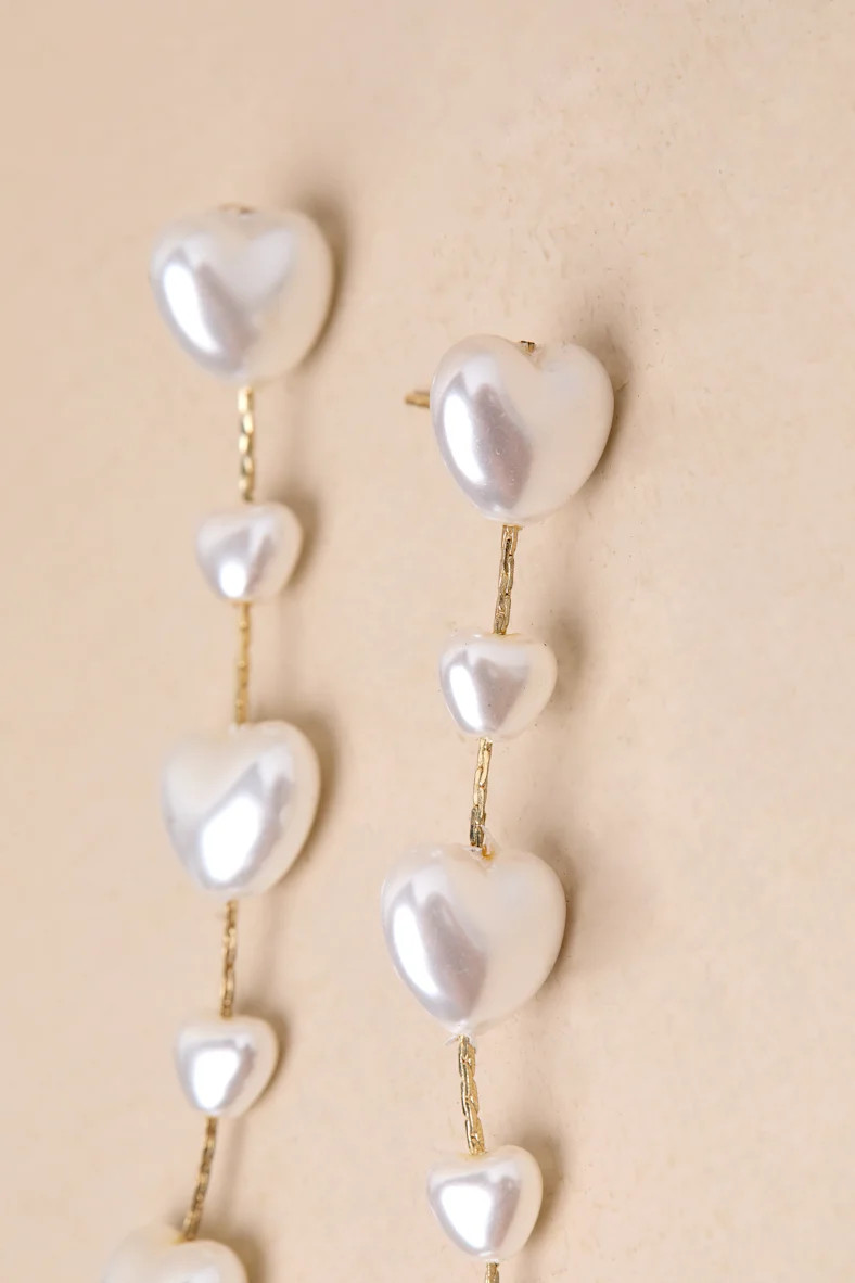 Endlessly Lovable Gold and White Pearl Heart Drop Earrings | Lulus