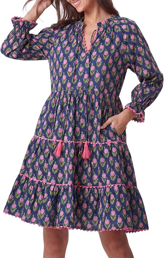 Kedera Womens Casual Mini Dress Long Sleeve Floral Ruffle V Neck Summer Loose Boho Babydoll Dress... | Amazon (US)