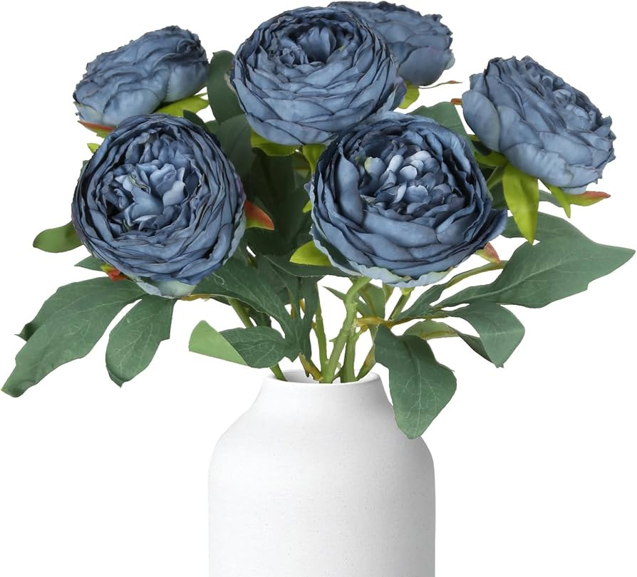 6PCS Blue Peony Artificial Flowers 19.7" Vintage Fake Peonies Silk Flower Arrangements for Weddin... | Amazon (US)