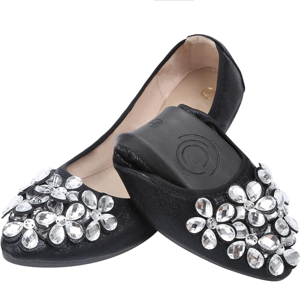 KUNWFNIX Women Ballet Flats Rhinestone Wedding Ballerina Shoes Foldable Sparkly Comfort Slip on F... | Amazon (US)