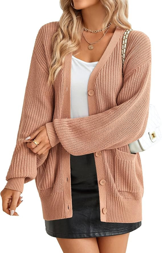 QUALFORT Women's 100% Cotton Cardigan Oversized Lantern Sleeve Cardigan Sweater with Pockets | Amazon (US)