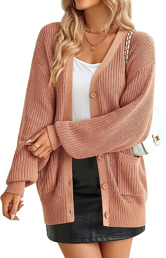 QUALFORT Women's 100% Cotton Cardigan Oversized Lantern Sleeve Cardigan Sweater with Pockets | Amazon (US)