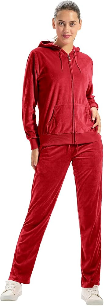 TanBridge Women's 2 Piece Solid Velvet Tracksuit Set Full Zip-up Hooded Sweatshirts & Pants Set | Amazon (US)
