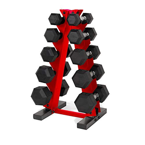 Cap Barbell 150 LB Rubber Coated Hex Dumbbell Hand Weight Set with Vertical Storage Rack - Chrome Handle | Red Rack | Amazon (US)