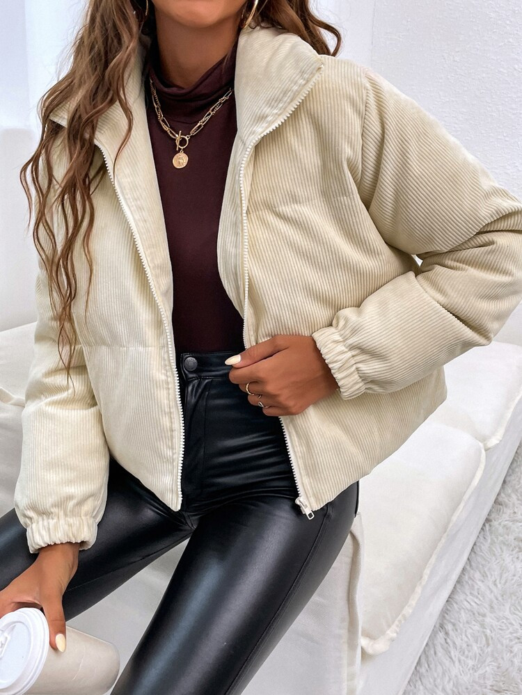 Zip Front Corduroy Puffer Coat | SHEIN