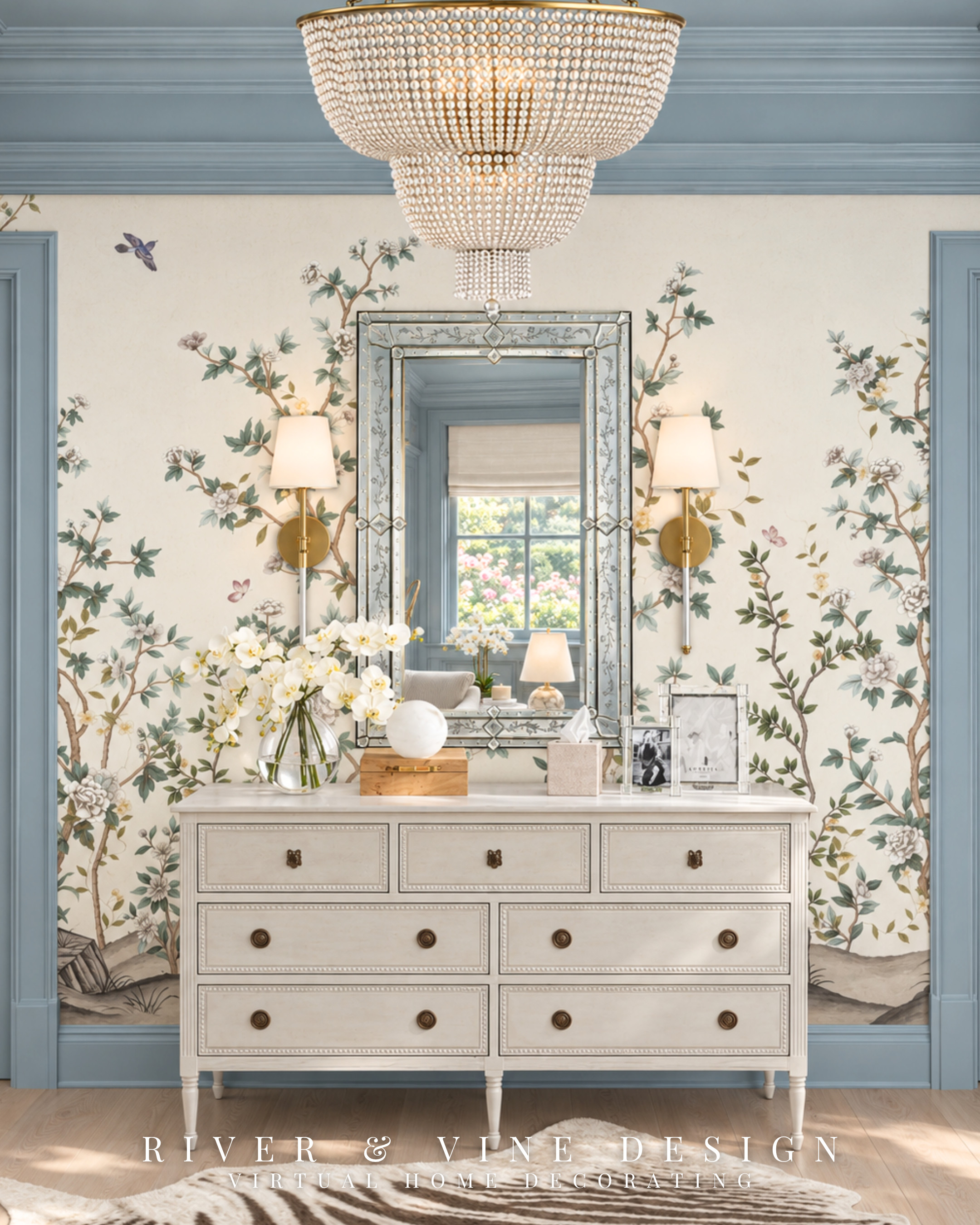 A mirror catching the garden light, flowering branches across the walls, and your favorite photograph beside a vase of orchids.

This romantic dressing room makes getting ready feel like a small occasion. The cream dresser nestles against botanical wallpaper, its delicate beaded details echoing the care in everything around it. Blue trim frames the room, and a pair of shaded sconces casts a soft glow beside the mirror.

You can imagine fastening a necklace here, taking one last look before dinner, and returning later to tuck your jewelry into the little box on the dresser. A space that becomes part of your day in the loveliest way.

Bring that garden-inspired romance home with the dresser, mirror, sconces, and finishing touches below.

romantic dressing room ideas, floral wallpaper dressing room, cream bedroom dresser, botanical wallpaper, decorative rectangular mirror, brass sconces with shades, traditional dresser styling, blue and cream bedroom decor

I may receive a commission from purchases made through my links.
 

 #LTKmorningroutine #LTKselfcare #LTKHome
