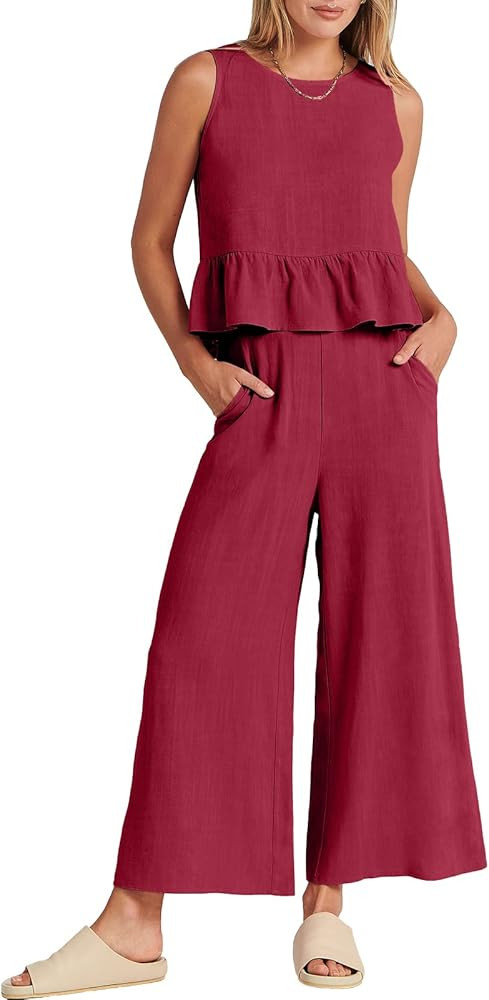 ANRABESS Women Summer 2 Piece Outfits Sleeveless Tank Crop Top Wide Leg Pants Linen Jumpsuits Lou... | Amazon (US)